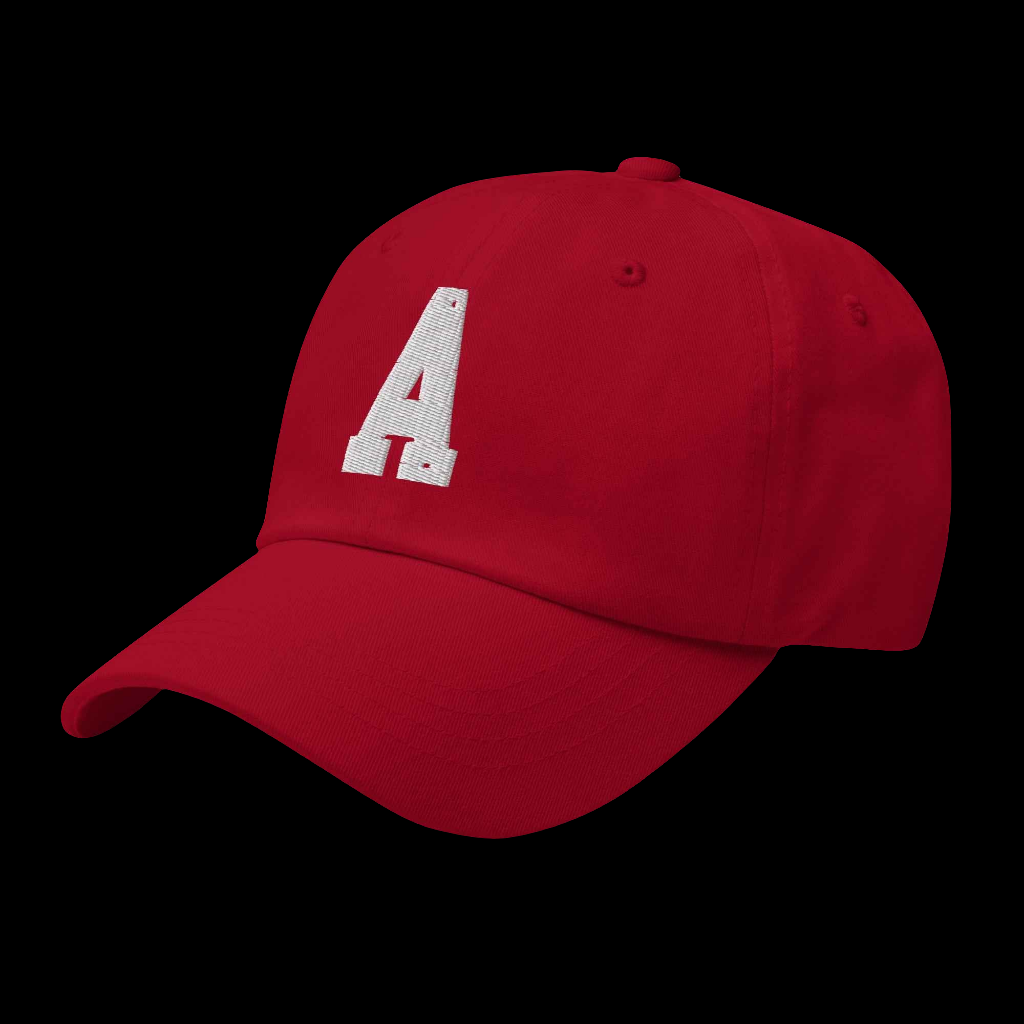 The A dad hat by Agape Seven in red color with an embroidered letter A on the front.