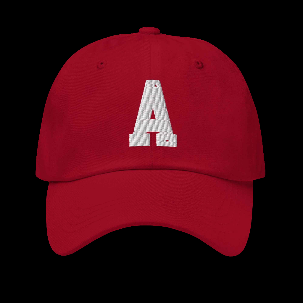The A dad hat by Agape Seven featuring a red cap with a white embroidered A logo.